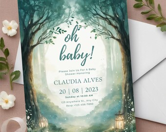 Redigerbar inbjudan till babyshower i skogsmark, babyshower för pojke, det är en pojke, räv, hjort, björn, skogsdjur, babyshowerinbjudningsmall, babypojke i trä