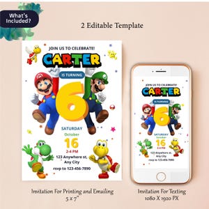 May include: A birthday invitation template featuring the name "CARTER" in colorful text, with the number "6" in yellow. The design includes cartoon characters, event details, and the text "Invitation For Printing and Emailing 5 x 7" and "Invitation For Texting 1080 X 1920 PX".