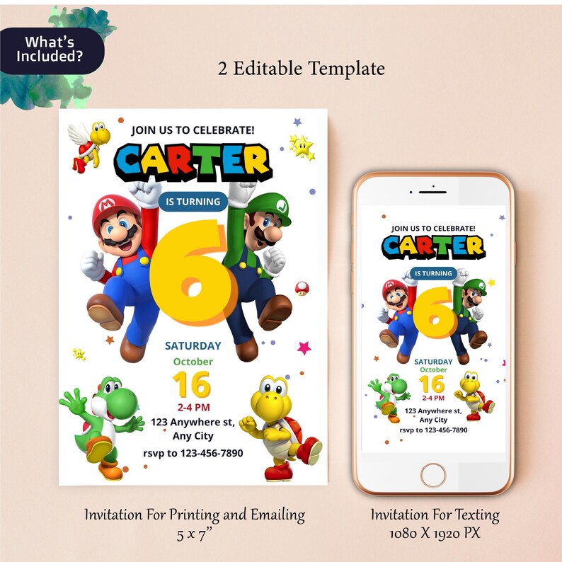 May include: A birthday invitation template featuring the name "CARTER" in colorful text, with the number "6" in yellow. The design includes cartoon characters, event details, and the text "Invitation For Printing and Emailing 5 x 7" and "Invitation For Texting 1080 X 1920 PX".