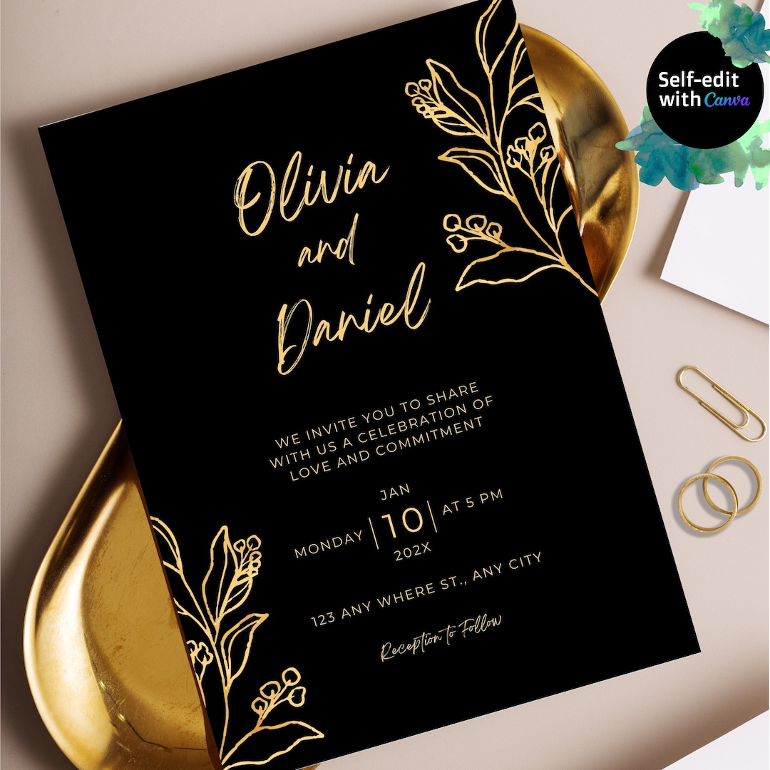 Black and Gold Wedding Invitation Cards, Personalized Invites