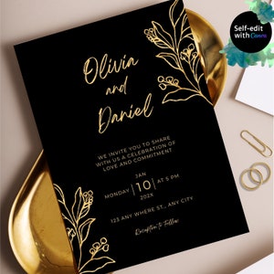 May include: Black wedding invitation with gold floral accents. The invitation reads "Olivia and Daniel" and includes event details. The text "Self-edit with Canva" is in the upper right corner.
