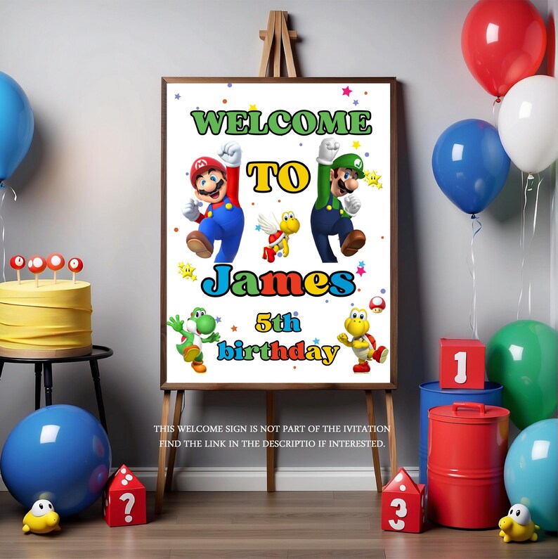 May include: A framed sign on an easel with the words "WELCOME TO James 5th birthday" and cartoon characters. Balloons, a cake, and other party decorations are in the background.