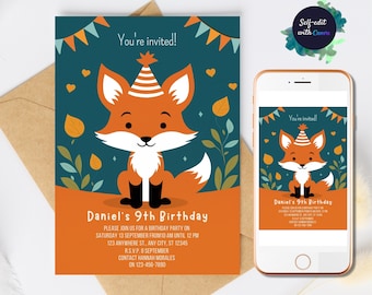 Editable FOX INVITATION Fox Birthday Invitations FOX Party First Birthday Invitations Woodland Invitation Fox Boy Girl invitations template