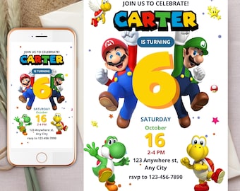 以下が含まれることがあります： カラフルな文字で「CARTER」という名前と、黄色の数字「6」が描かれた誕生日パーティーの招待状。招待状には、マリオ、ルイージ、ヨッシーなどのキャラクターの画像が含まれています。日付と時間も含まれています。