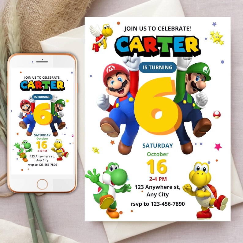 May include: A birthday party invitation featuring the name "CARTER" in colorful text, with the number "6" in yellow. The invitation includes images of Mario, Luigi, Yoshi, and other characters. The date and time are also included.