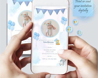Blue First Birthday Boy Invitation Digital Photo Evite Editable Phone Text Message Template Boy 1st Birthday Invitations Instant Download