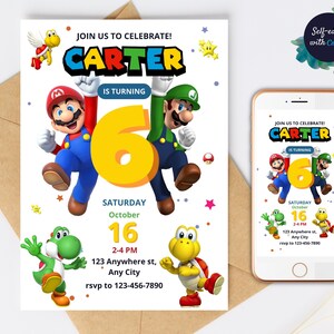 May include: A birthday party invitation featuring Mario and Luigi characters. The invitation includes the name "Carter" and the number "6", with event details. A smartphone displays a similar invitation design.