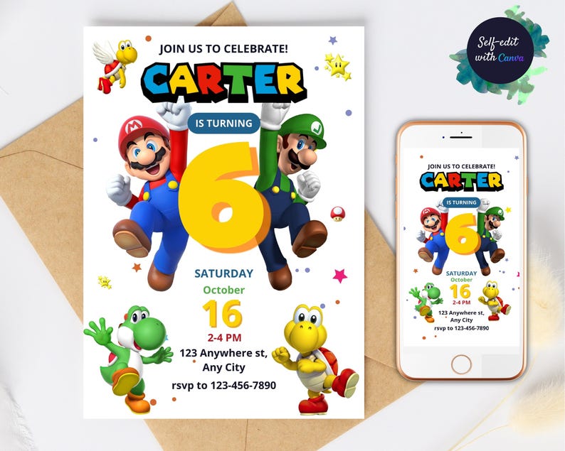 May include: A birthday party invitation featuring Mario and Luigi characters. The invitation includes the name "Carter" and the number "6", with event details. A smartphone displays a similar invitation design.