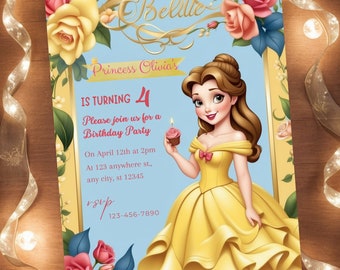 Editable Princess Belle Birthday invitation, Girl editable invite template, beauty and beast party, belle rose invite, INSTANT DOWNLOAD -