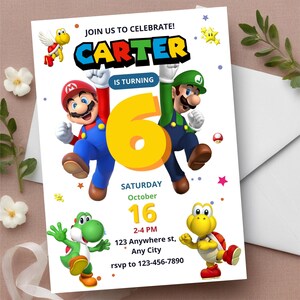 May include: A birthday party invitation featuring the text "Join us to Celebrate!" and "Carter is turning 6". The invitation includes illustrations of Mario, Luigi, Yoshi, and other characters. The date is Saturday, October 16, with the time and RSVP information.