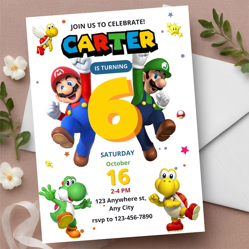 May include: A birthday party invitation featuring the text "Join us to Celebrate!" and "Carter is turning 6". The invitation includes illustrations of Mario, Luigi, Yoshi, and other characters. The date is Saturday, October 16, with the time and RSVP information.