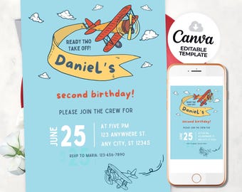 Invitación de cumpleaños con temática de aviones, plantilla editable (descarga digital)