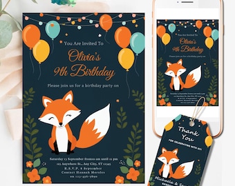 FOX INVITATION Fox Birthday Invitations FOX Party First Birthday Invitations Woodland Invitation Fox Boy Girl invitations template digital