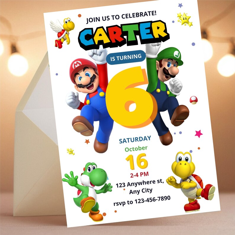 May include: A birthday party invitation featuring Mario and Luigi characters. The invitation reads "Join us to celebrate! Carter is turning 6" with event details: Saturday, October 16, 2-4 PM, and RSVP information.