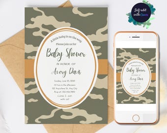 Editable Camo Baby Shower Invitation Camo Birthday invite Military Invitation Baby Shower Camoflage Invitation Bridal Shower Birthday canva