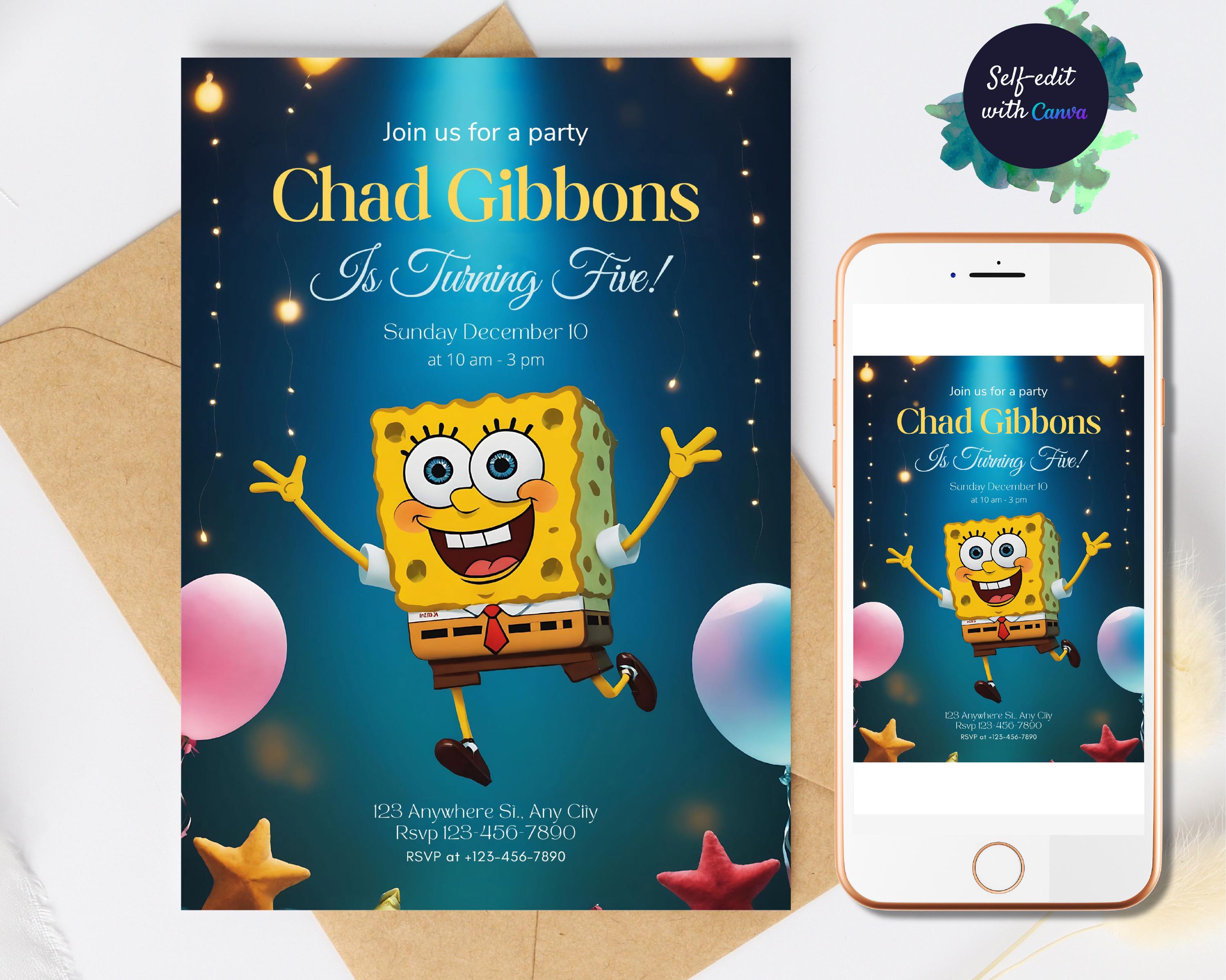 Editable Spongebob Birthday Invitation Party Invitation Printable Sponge Invite Invitation ...