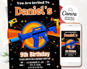 Nerf Birthday Party Invitation Template (Canva Editable)