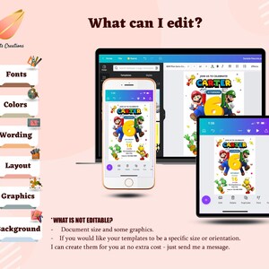 May include: A digital design displayed on a laptop, smartphone, and tablet. The design features the text "CARTER" and cartoon characters. The image also includes a list of editable elements: Fonts, Colors, Wording, Layout, Graphics, and Background.