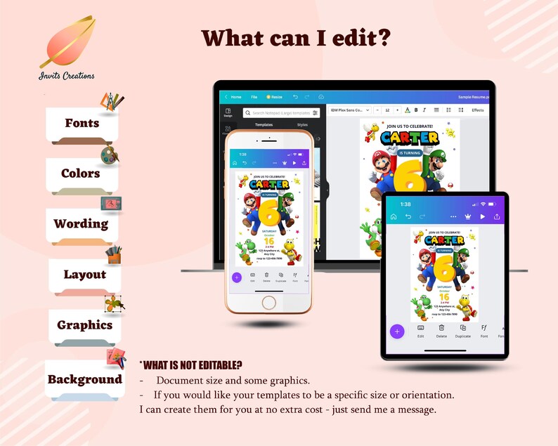 May include: A digital design displayed on a laptop, smartphone, and tablet. The design features the text "CARTER" and cartoon characters. The image also includes a list of editable elements: Fonts, Colors, Wording, Layout, Graphics, and Background.