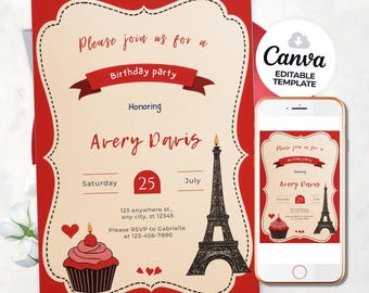 Madeline Birthday Invitation, French Parisian Party (Canva Editable)