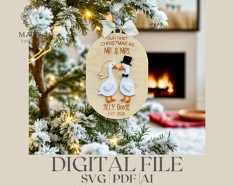 Enfeite Sr. e Sra. Ganso Bobo SVG | Arquivo de Primeiro Natal de Casados com Corte a Laser | Enfeite Engraçado para Recém-Casados | Decoração para Casamento em Casa de Fazenda
