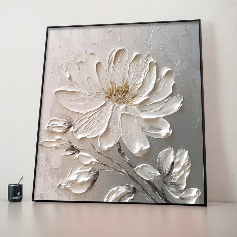 Large Abstract Textured Canvas Art White Flower Oil Painting Etsy Canada