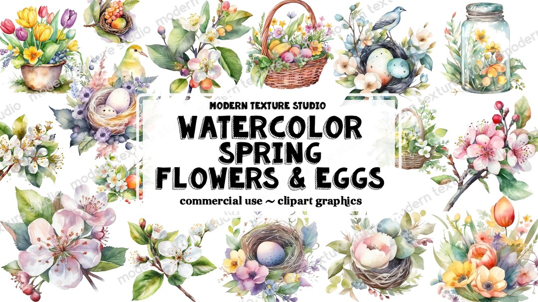 Watercolor Spring Flowers Clipart – Easter Eggs PNG (commercial Use) - Etsy