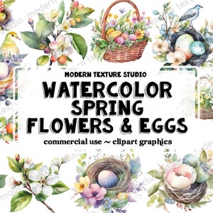 Watercolor Spring Flowers and Eggs - 20 Piece transparent PNG format instant download for commercial use Active