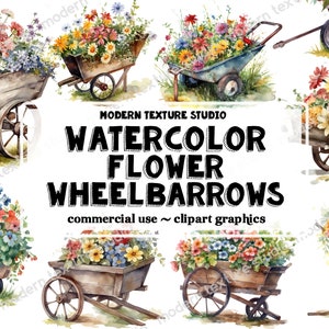 Aquarel Floral Kruiwagen Clipart - 17 Stuk lente schattige bloementuin transparante PNG formaat instant download voor commercieel gebruik