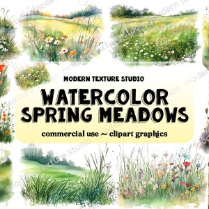 Watercolor Spring Meadow Clipart - wildflower field scape in springtime watercolor transparent PNG format instant download commercial use