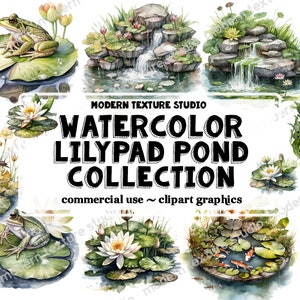 Aquarela Lily Pond Clipart - 18 peças transparentes de primavera lindo nenúfar e sapo lagoa download instantâneo em formato PNG para uso comercial