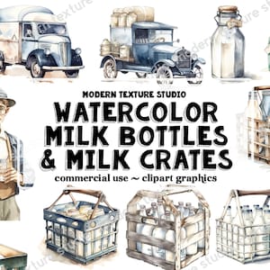 Watercolor Milk Bottles, Milk Crates, and Milk Trucks Clipart - milk jugs, bottles, vintage milk, transparent PNG clipart for commercial use
