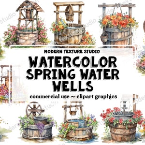 Watercolor Spring Water Wells Clipart - 14 Piece springtime cute little wishing well PNG format instant download for commercial use