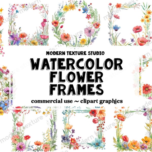 Clipart cadres floraux aquarelles - 16 Pc cadres de fleurs sauvages printemps aquarelle transparent format PNG téléchargement immédiat pour un usage commercial