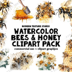 Watercolor Bees & Honey Clipart - 21 Piece spring garden bee and honeycomb clip art PNG graphics instant download for commercial use
