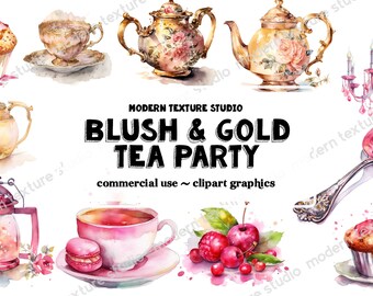 水彩ピンクのティークリップアートセット：花柄ティーパーティー