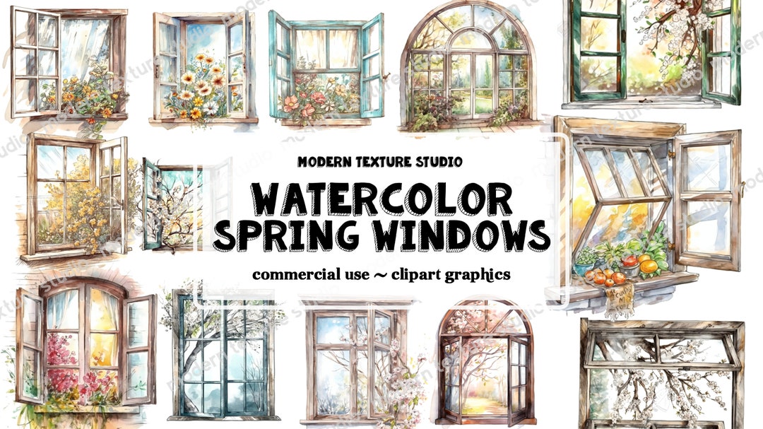Watercolor Spring Window Clipart – Floral PNG Graphics (commercial Use ...
