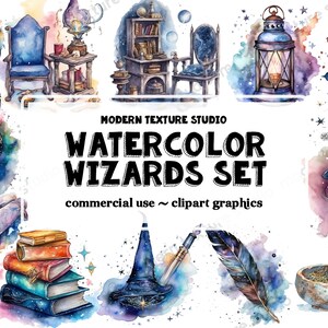 Watercolor Wizards Set Clipart - galaxy wizard books scrolls lantern furniture PNG format instant download for commercial use