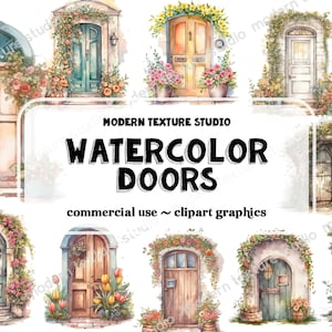 Watercolor Spring Doors Clipart - 16 piece spring floral flower doors transparent PNG format instant download for commercial use