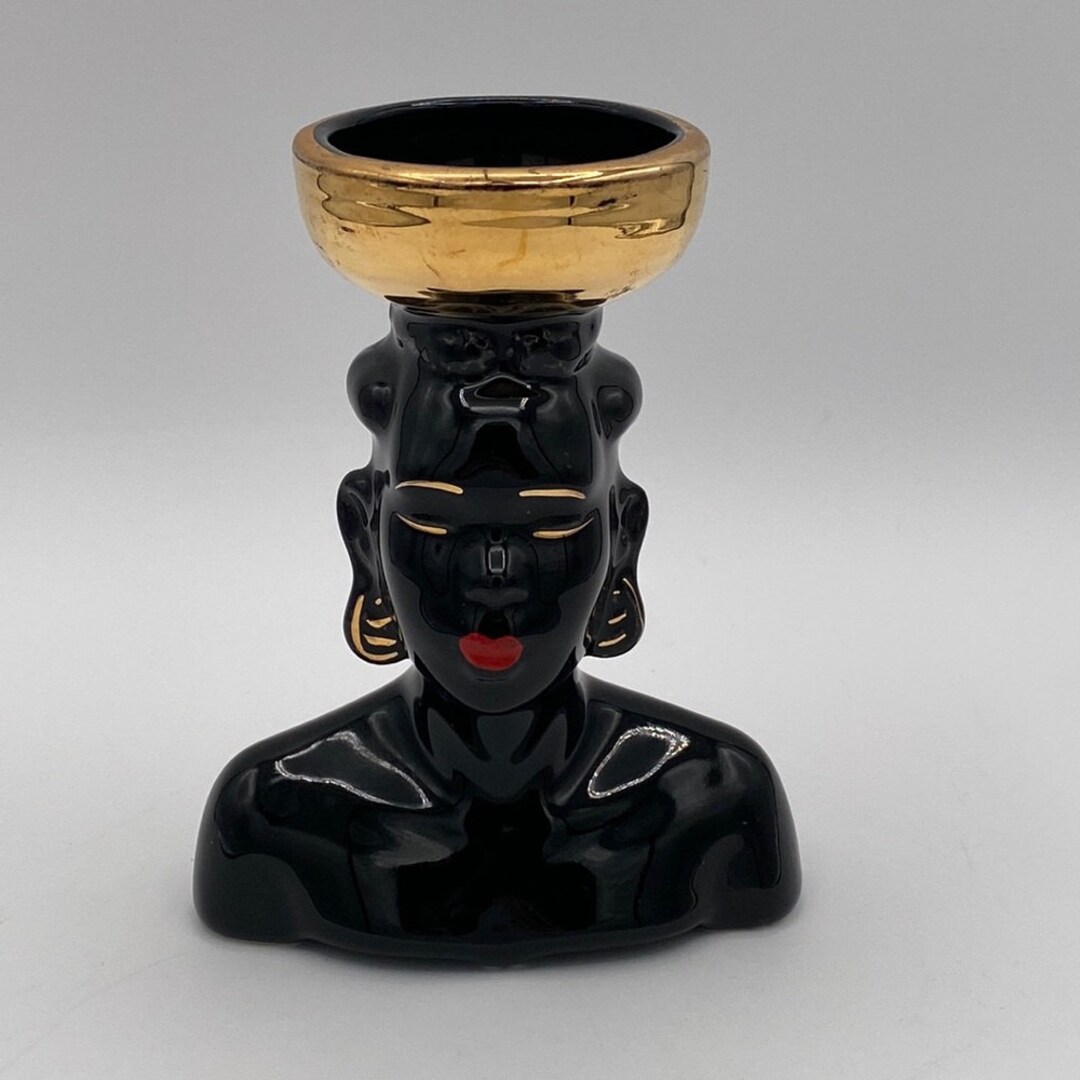 Vintage Ceramic Woman Black & Gold Head Vase Etsy