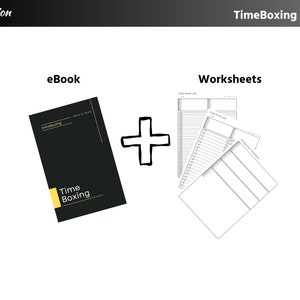 Könnte beinhalten: Ein schwarzes und gelbes E-Book mit dem Titel "Introducing Time Boxing" mit einem Pluszeichen und einem Stapel schwarz-weißer Arbeitsblätter.
