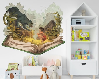May include: A green and brown illustrated book with a jungle scene featuring a black panther and a boy in a red loincloth. The book is open and appears to be floating in mid-air.