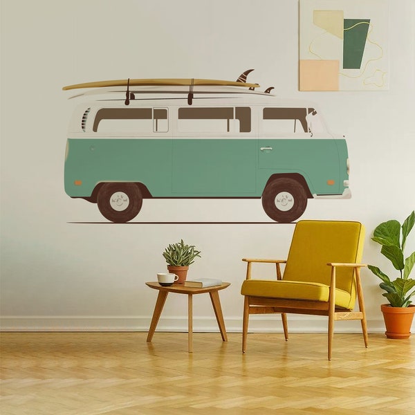 Amovible Volkswagen Van Sticker Mural De Voiture Sticker Mural Transport Mur MUral Van Avec Planche De Surf Sticker Mural