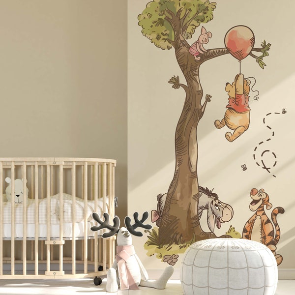 Removable Vintage Winnie the pooh playing on tree wall decal sticker for baby nursery and kid room