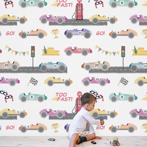 Naklejka ścienna Vintage Race Car, tapeta i sztuka ścienna do pokoju dziecięcego Zabawna naklejka ścienna do pokoju zabaw