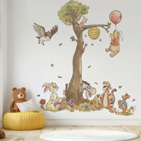 Winnie the Pooh and Friends Wall Sticker Removable Nursery Wallpaper decor with Piglet, Tigger and Eeyore in Calm Pastel Colors