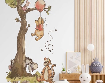 Muursticker Pooh Bear, muursticker kinderkamer Boomscène, verwijderbare vinylmuurkunst voor kinderkamer
