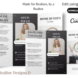 May include: A set of four printable guides for real estate agents, with a black and white color scheme. The guides are titled "Financial Checklist", "Get in Touch", "Home Buyer's Guide", and "Home Seller's Guide". Each guide features a checklist and contact information for a realtor named Chasity Marie.