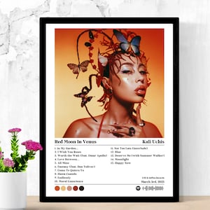 May include: A digital album cover for Kali Uchis's album "Red Moon In Venus". The cover features a portrait of Kali Uchis with a butterfly crown and a red and orange background. The album title and tracklist are listed below the image.