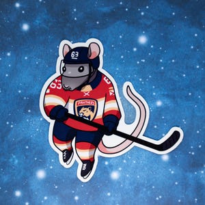 May include: A sticker featuring a cartoon mouse in a hockey uniform. The mouse wears a helmet with the number 63 and a jersey with the Panthers logo. The mouse holds a hockey stick against a blue background with white stars.
